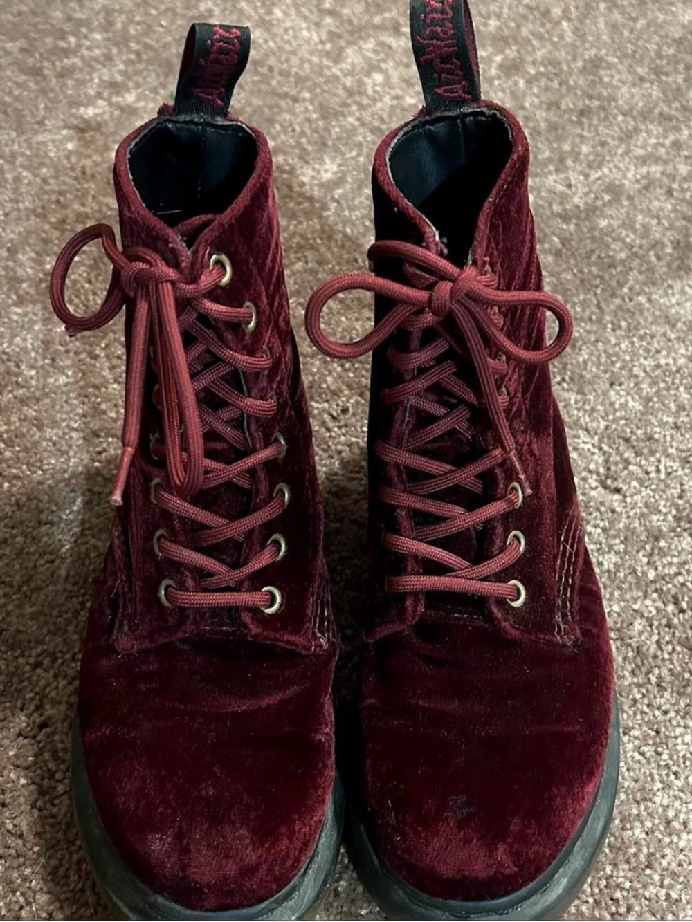 Women's Velvet Lace-Up Combat Boots - Burgundy
